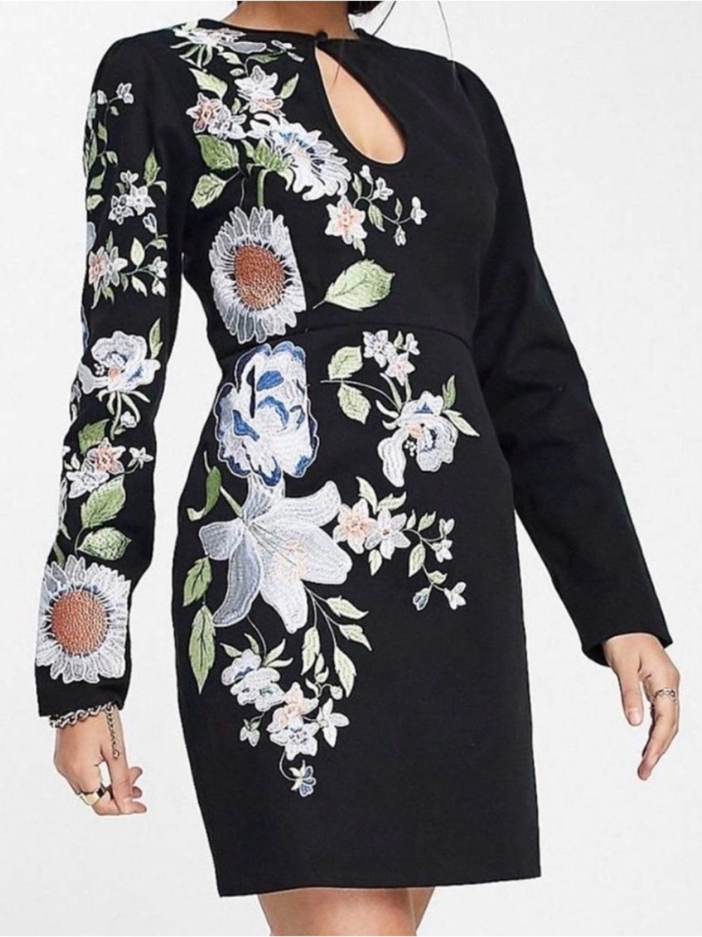 ASOS Black Long-Sleeve Floral Embroidered Dress